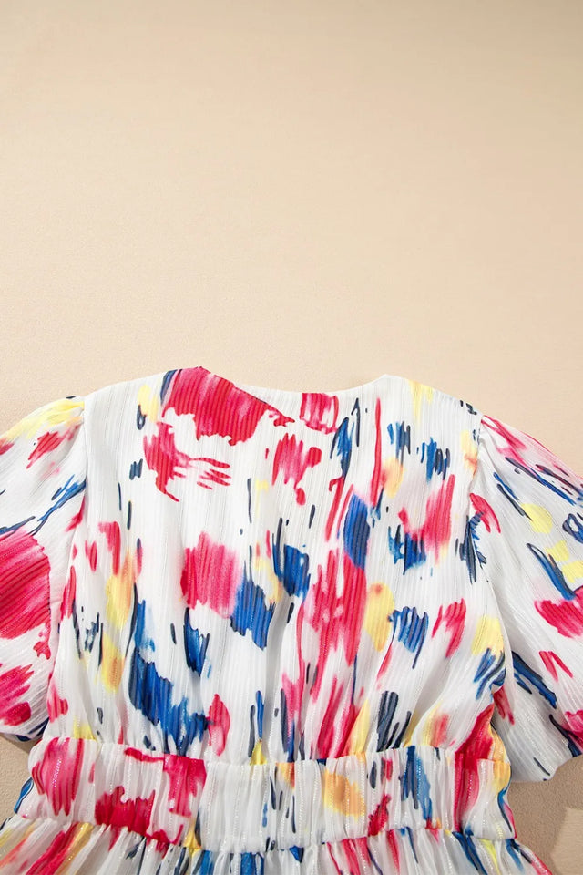 Abstract Print Short Puff Sleeve Tiered Maxi Dress.