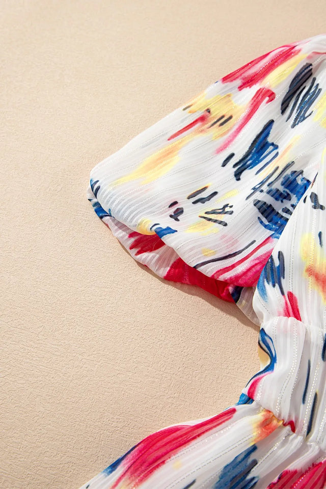 Abstract Print Short Puff Sleeve Tiered Maxi Dress.