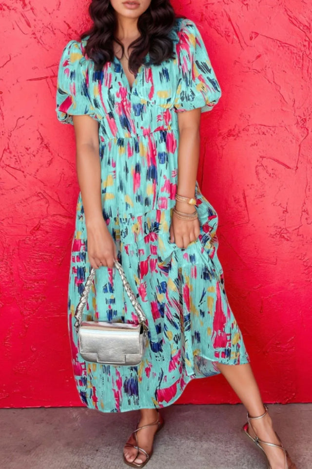 Abstract Print Short Puff Sleeve Tiered Maxi Dress.