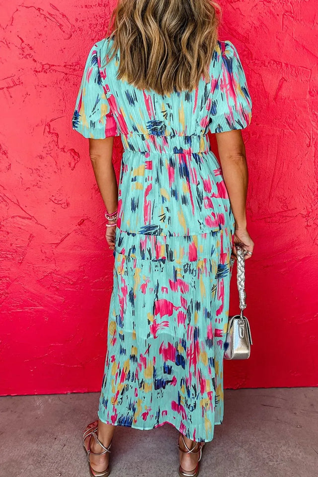 Abstract Print Short Puff Sleeve Tiered Maxi Dress.