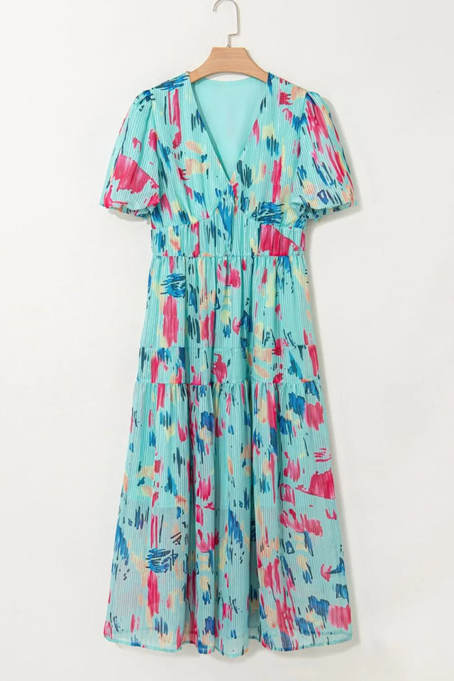 Abstract Print Short Puff Sleeve Tiered Maxi Dress.