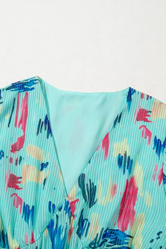 Abstract Print Short Puff Sleeve Tiered Maxi Dress.