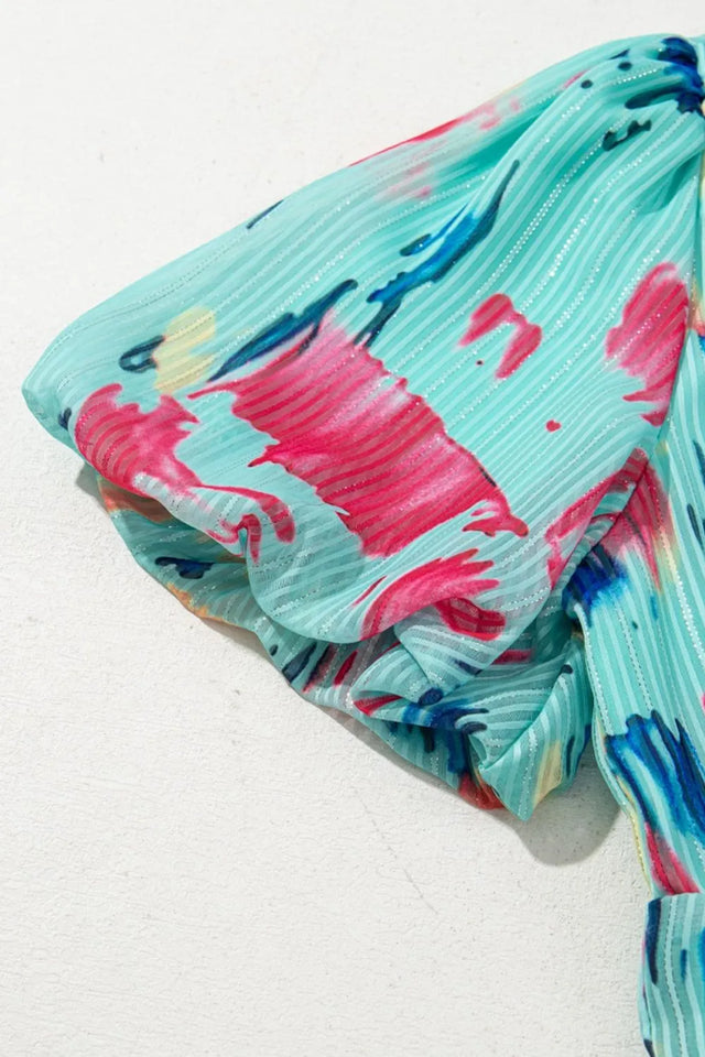 Abstract Print Short Puff Sleeve Tiered Maxi Dress.