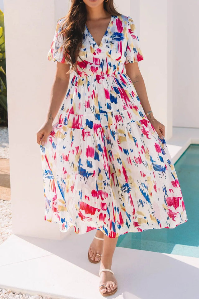 Abstract Print Short Puff Sleeve Tiered Maxi Dress.