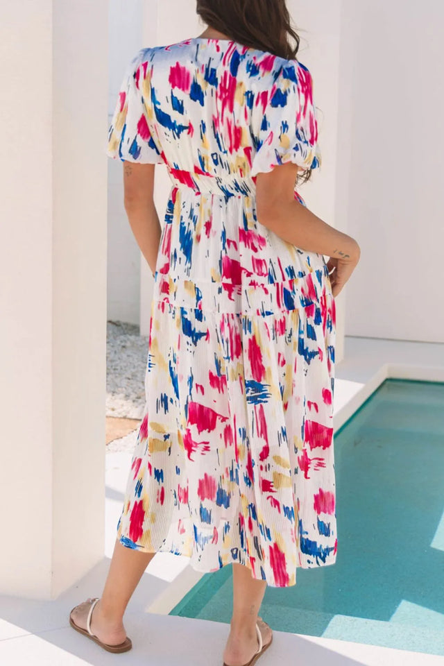 Abstract Print Short Puff Sleeve Tiered Maxi Dress.