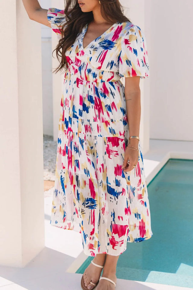 Abstract Print Short Puff Sleeve Tiered Maxi Dress.