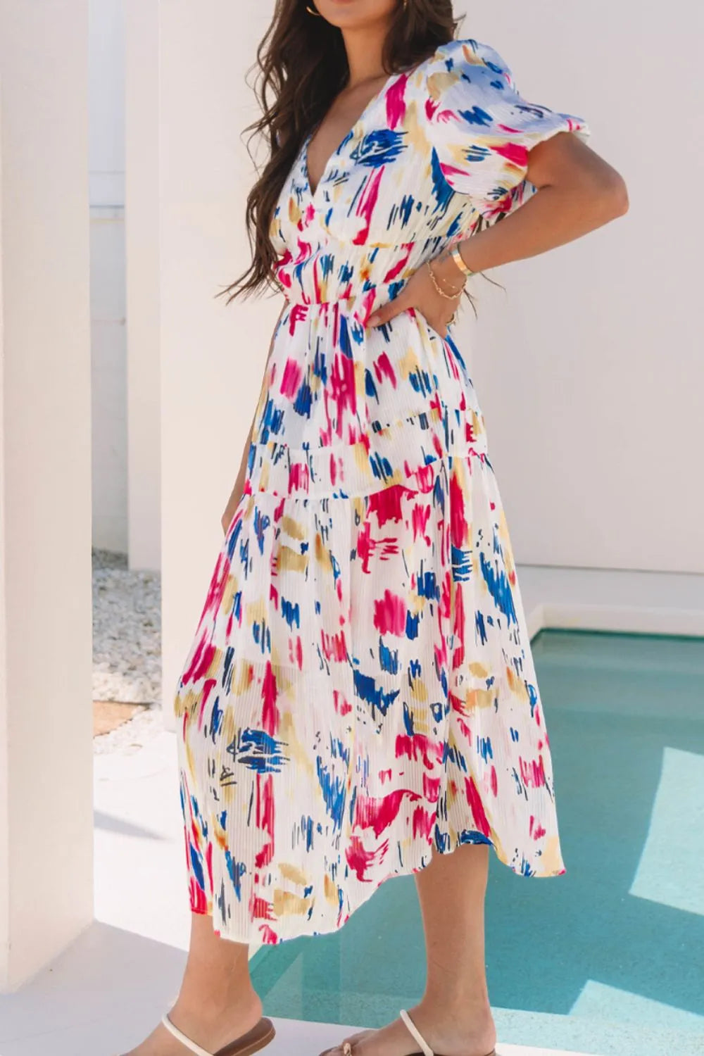 Abstract Print Short Puff Sleeve Tiered Maxi Dress.