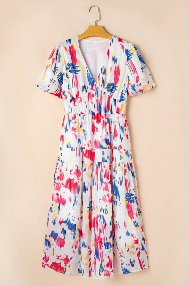 Abstract Print Short Puff Sleeve Tiered Maxi Dress.