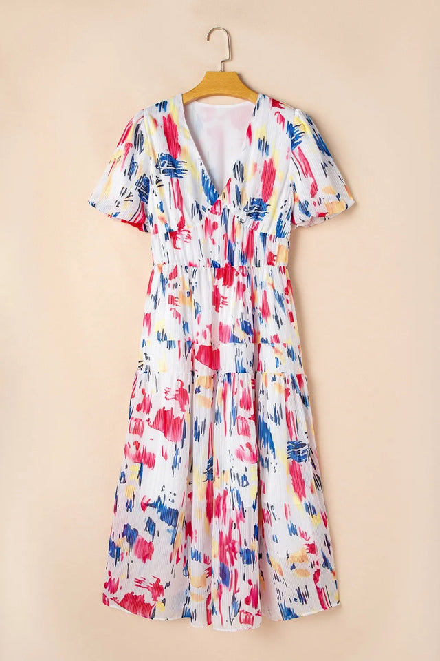 Abstract Print Short Puff Sleeve Tiered Maxi Dress.