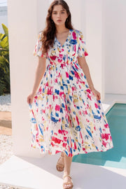 Abstract Print Short Puff Sleeve Tiered Maxi Dress.