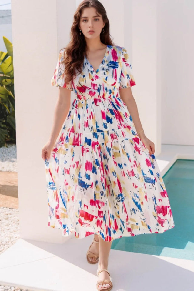 Abstract Print Short Puff Sleeve Tiered Maxi Dress.