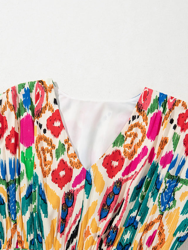 Abstract Print V Neck Dolman Sleeve Ruffle Tiered Mini Dress.