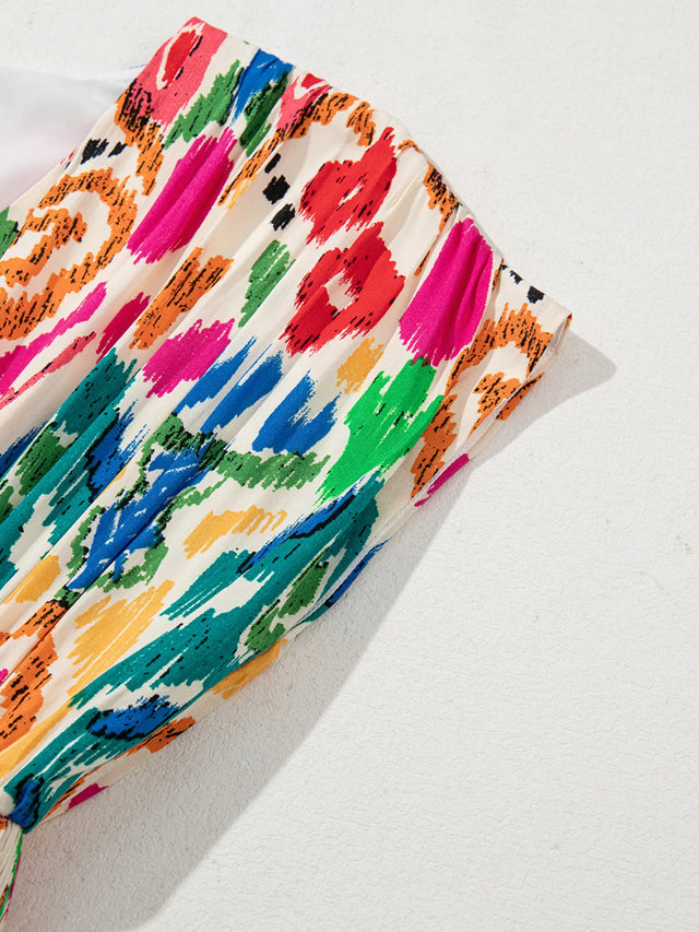 Abstract Print V Neck Dolman Sleeve Ruffle Tiered Mini Dress.