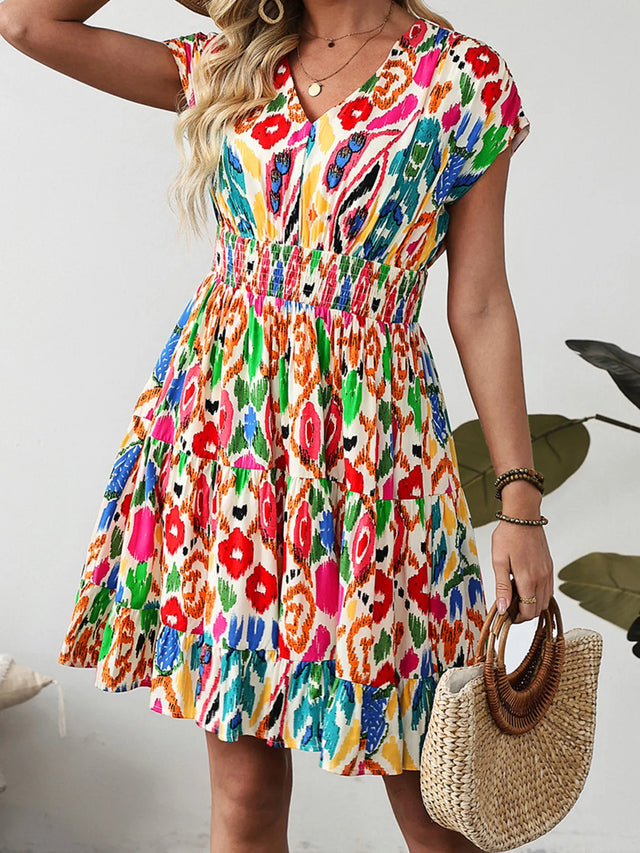 Abstract Print V Neck Dolman Sleeve Ruffle Tiered Mini Dress.