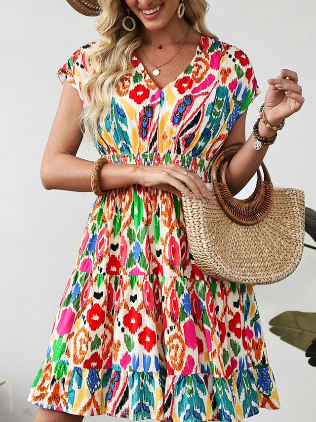 Abstract Print V Neck Dolman Sleeve Ruffle Tiered Mini Dress.