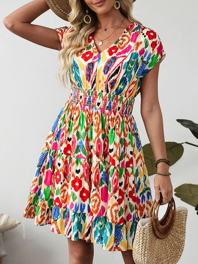 Abstract Print V Neck Dolman Sleeve Ruffle Tiered Mini Dress.