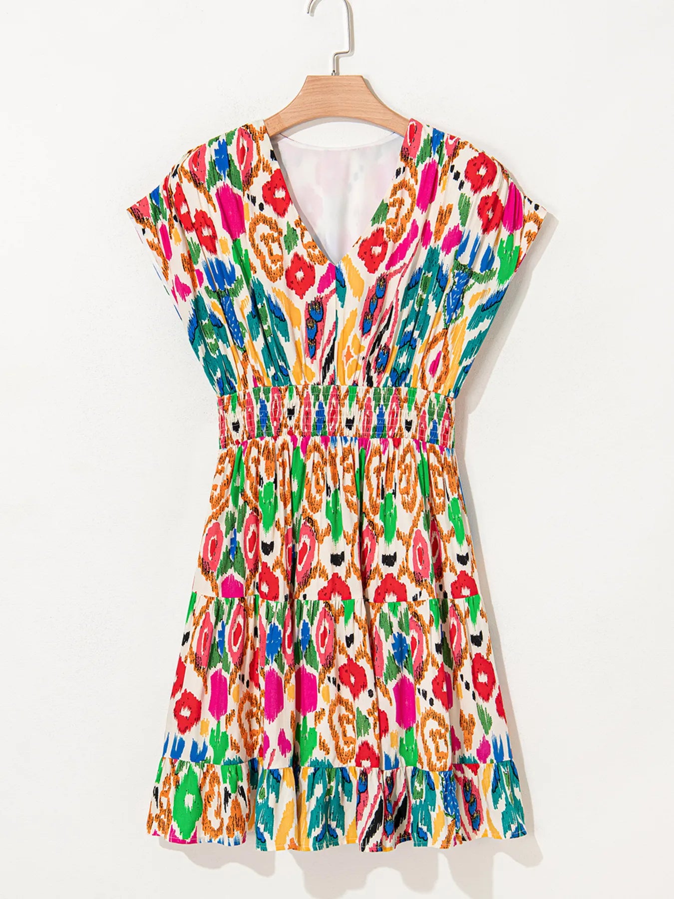 Abstract Print V Neck Dolman Sleeve Ruffle Tiered Mini Dress.