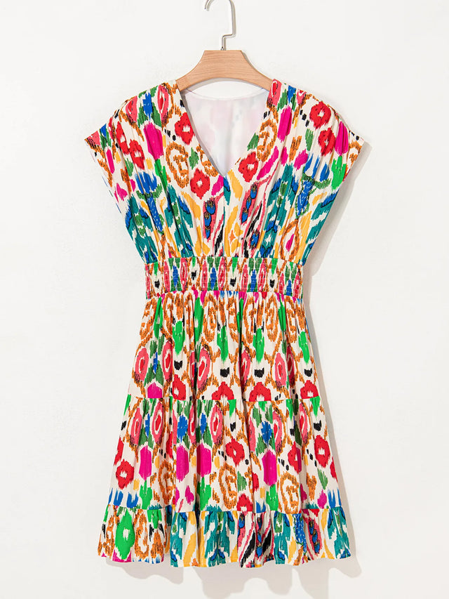 Abstract Print V Neck Dolman Sleeve Ruffle Tiered Mini Dress.