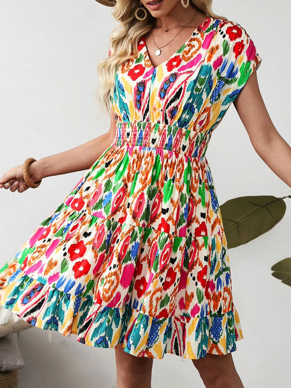 Abstract Print V Neck Dolman Sleeve Ruffle Tiered Mini Dress.