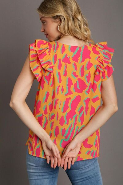 Umgee full size abstract print V-neck double layer ruffle sleeve blouse, plus size.