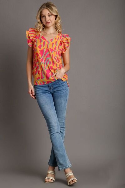 Umgee full size abstract print V-neck double layer ruffle sleeve blouse, plus size.