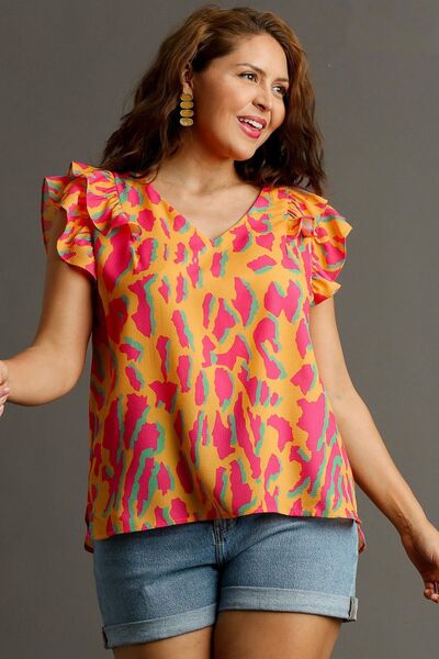 Umgee full size abstract print V-neck double layer ruffle sleeve blouse, plus size.