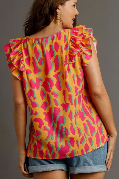 Umgee full size abstract print V-neck double layer ruffle sleeve blouse, plus size.