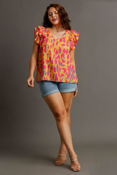 Umgee full size abstract print V-neck double layer ruffle sleeve blouse, plus size.