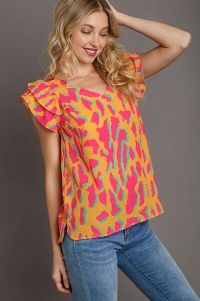 Umgee full size abstract print V-neck double layer ruffle sleeve blouse, plus size.