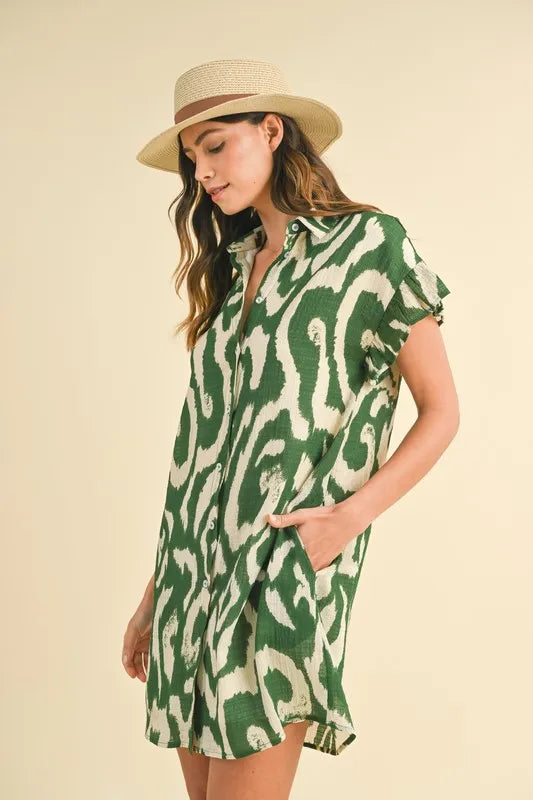 Annie Wear Abstract Printed Frill Sleeve Shirt Mini Dress.
