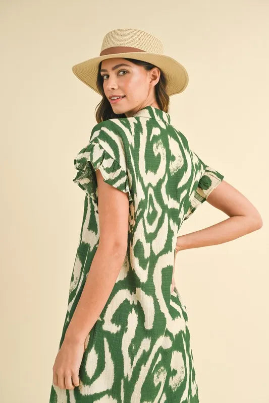 Annie Wear Abstract Printed Frill Sleeve Shirt Mini Dress.