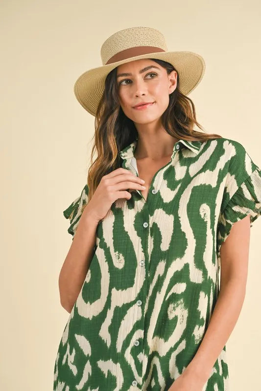 Annie Wear Abstract Printed Frill Sleeve Shirt Mini Dress.
