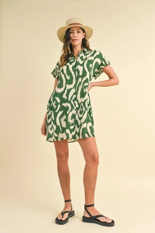 Annie Wear Abstract Printed Frill Sleeve Shirt Mini Dress.