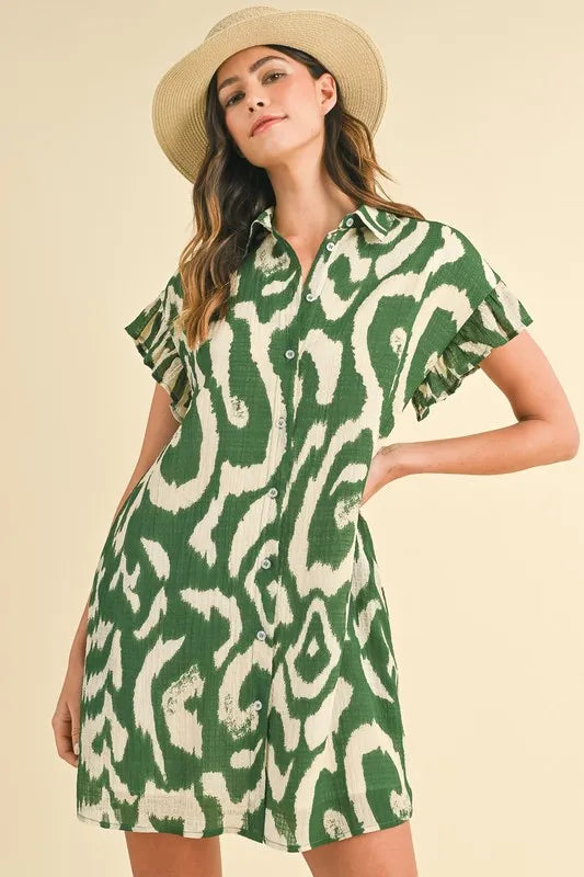 Annie Wear Abstract Printed Frill Sleeve Shirt Mini Dress.