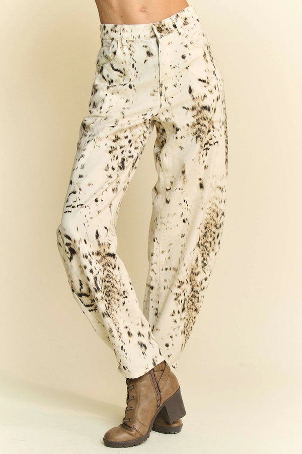 Abstract tie-dye dot lace detail barrel pants with pockets on a cream background.