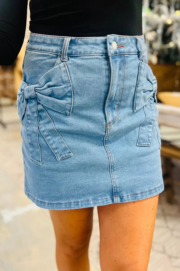 Acid Wash Bowknot Details High Waist Denim Skirt.