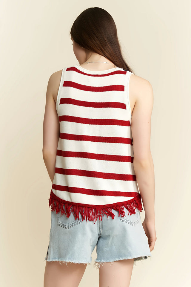 Plus size American flag fringe tank top with stars and stripes and red fringe hem.