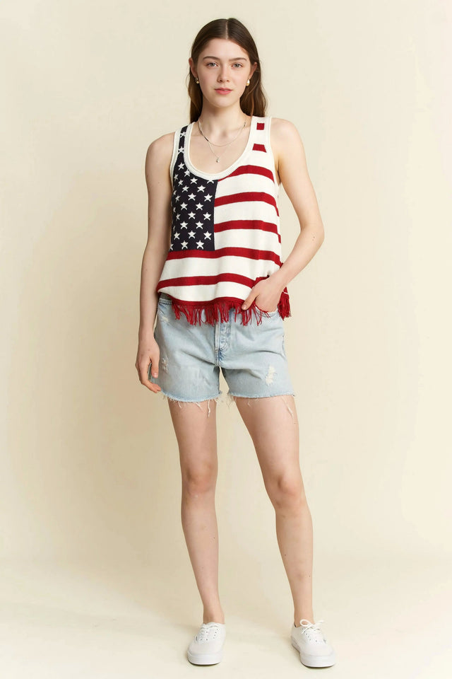 Plus size American flag fringe tank top with stars and stripes and red fringe hem.