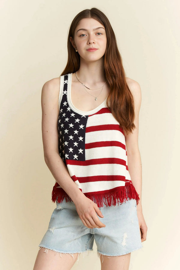 Plus size American flag fringe tank top with stars and stripes and red fringe hem.