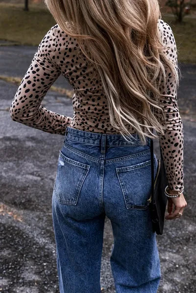 Animal print scoop neck long sleeve bodysuit.