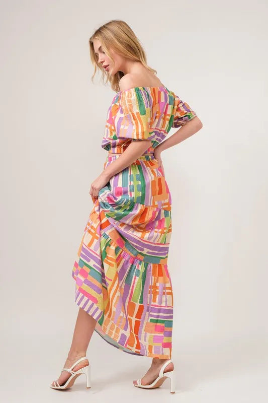 And The Why Asymmetric Geo Printed Tiered Maxi Skirt.