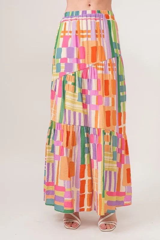 And The Why Asymmetric Geo Printed Tiered Maxi Skirt.