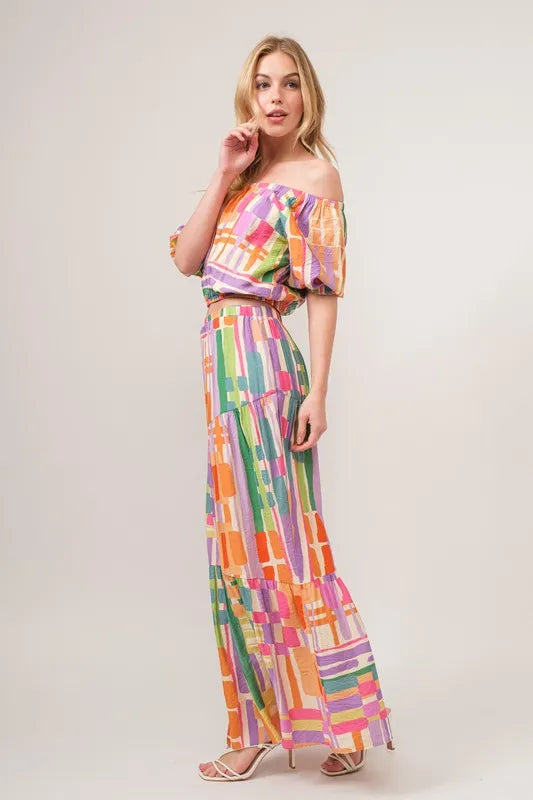 And The Why Asymmetric Geo Printed Tiered Maxi Skirt.