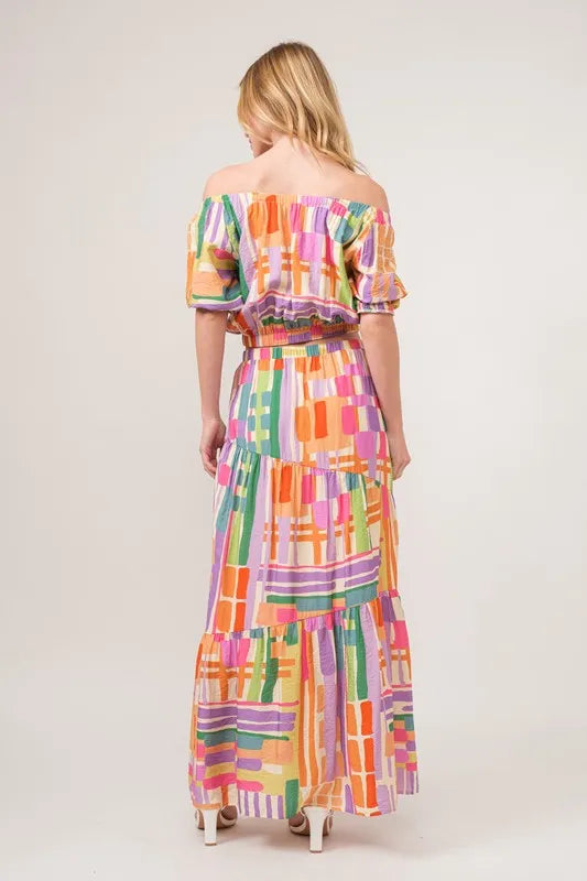 And The Why Asymmetric Geo Printed Tiered Maxi Skirt.
