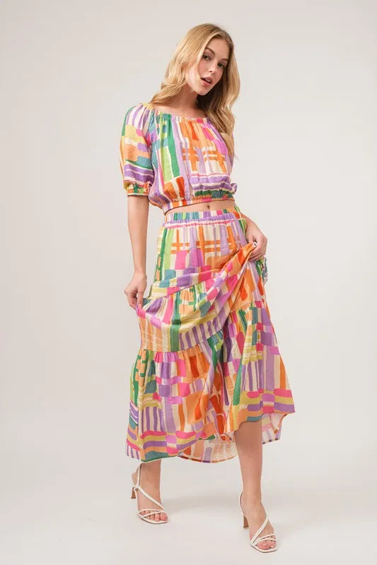 And The Why Asymmetric Geo Printed Tiered Maxi Skirt.