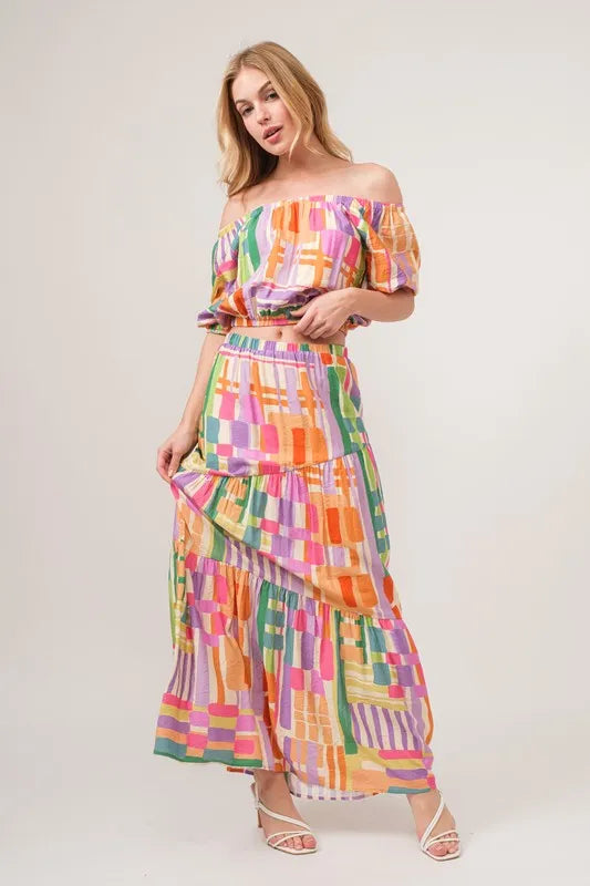 And The Why Asymmetric Geo Printed Tiered Maxi Skirt.