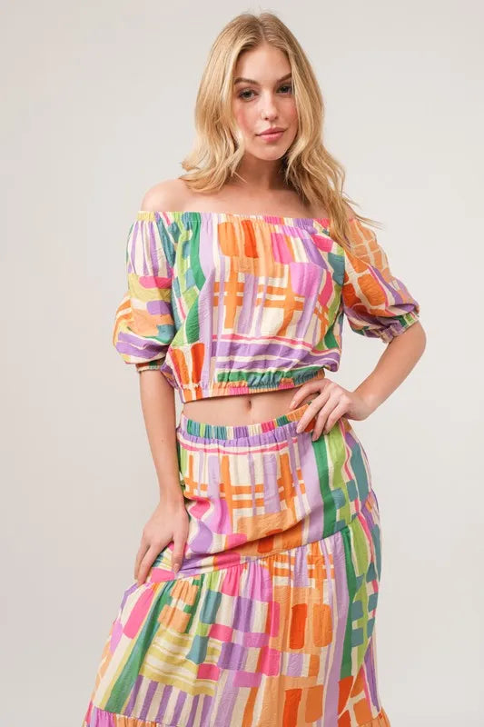 And The Why Asymmetric Geo Printed Tiered Maxi Skirt.