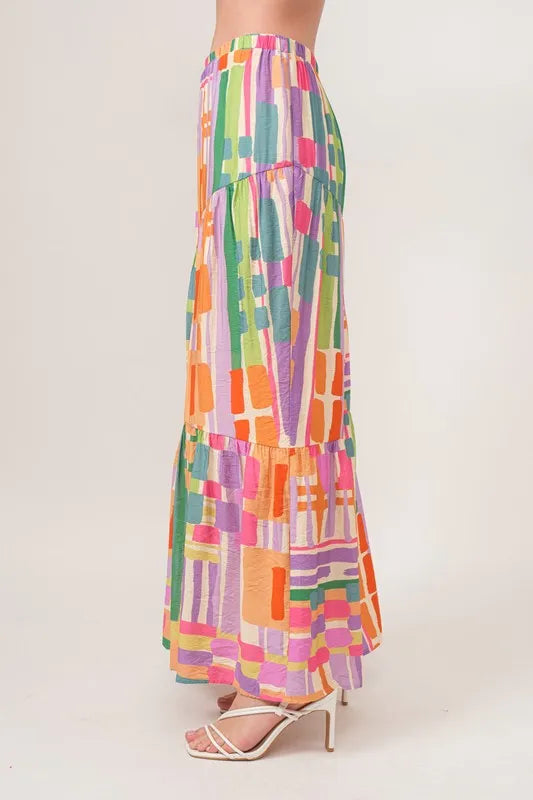 And The Why Asymmetric Geo Printed Tiered Maxi Skirt.