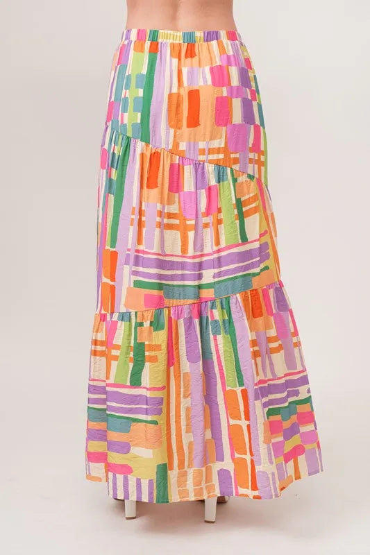 And The Why Asymmetric Geo Printed Tiered Maxi Skirt.