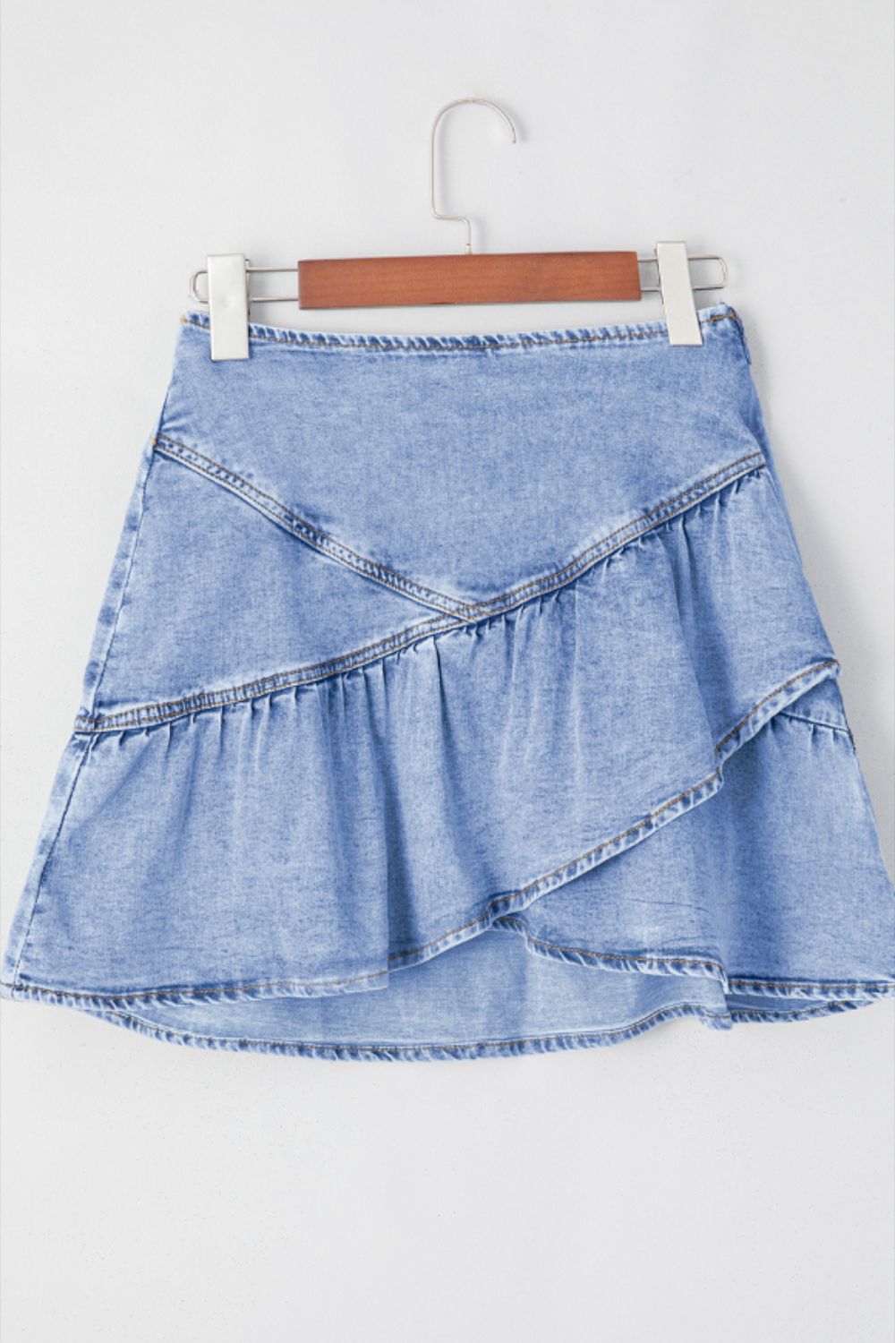 Asymmetric Ruffle Overlay Denim Mini Skirt.